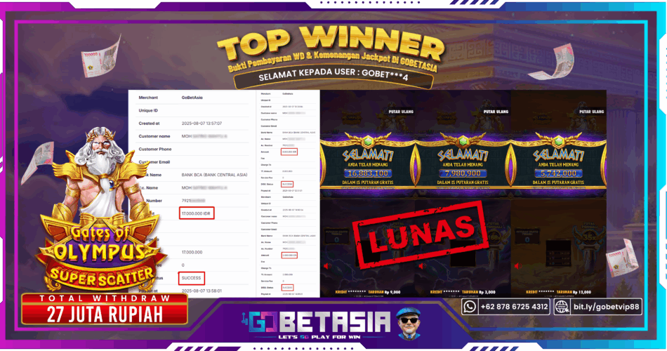 Bukti pembayaran Jackpot di GOBETASIA