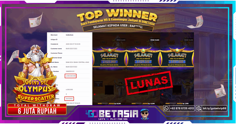 Bukti pembayaran Jackpot di GOBETASIA
