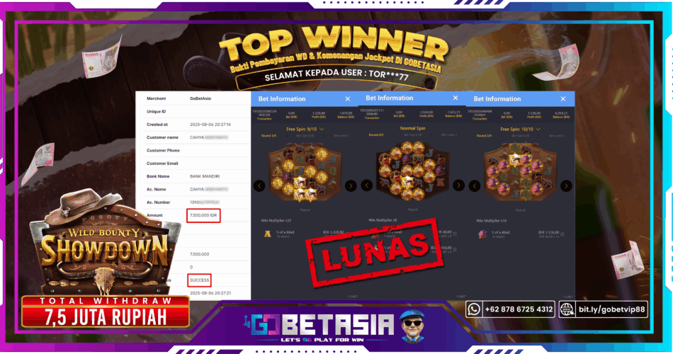 Bukti pembayaran Jackpot di GOBETASIA
