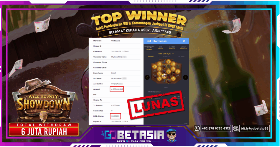 Bukti pembayaran Jackpot di GOBETASIA