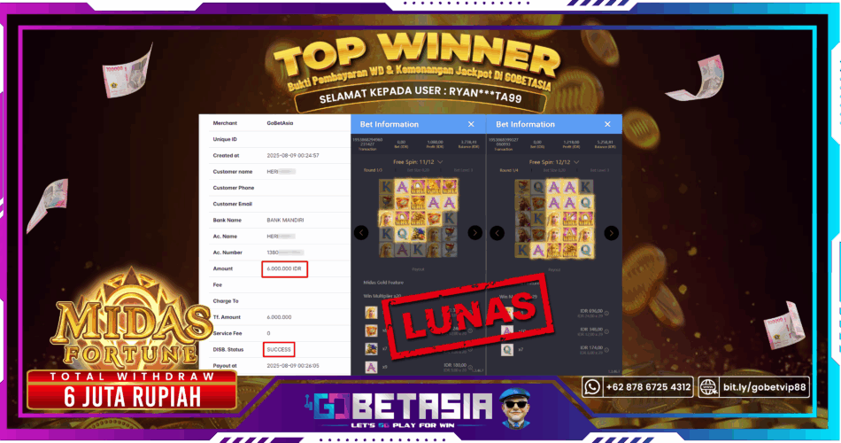 Bukti pembayaran Jackpot di GOBETASIA