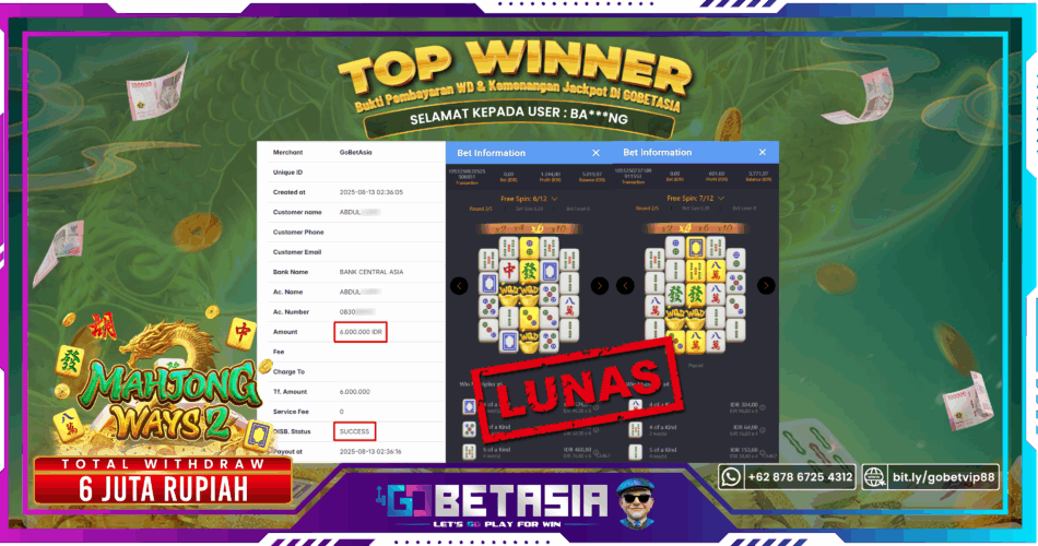 Bukti pembayaran Jackpot di GOBETASIA