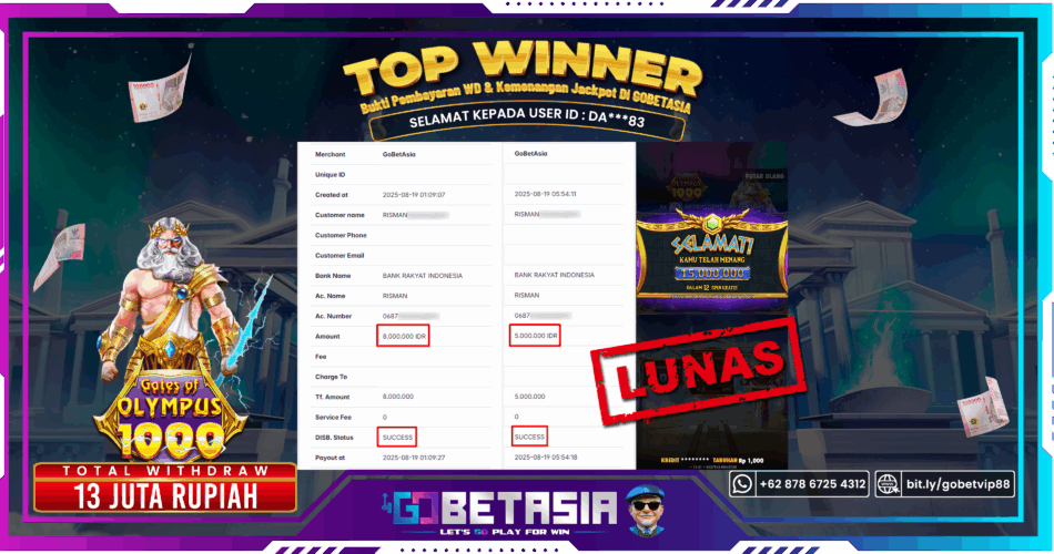 Bukti pembayaran Jackpot di GOBETASIA