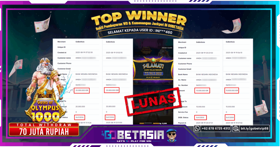 Bukti pembayaran Jackpot di GOBETASIA