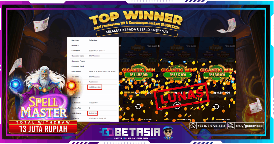 Bukti pembayaran Jackpot di GOBETASIA