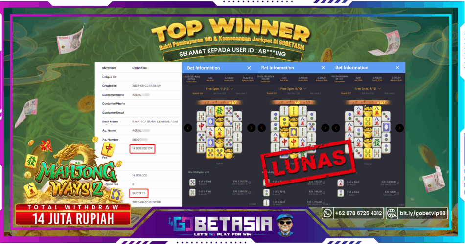 Bukti pembayaran Jackpot di GOBETASIA