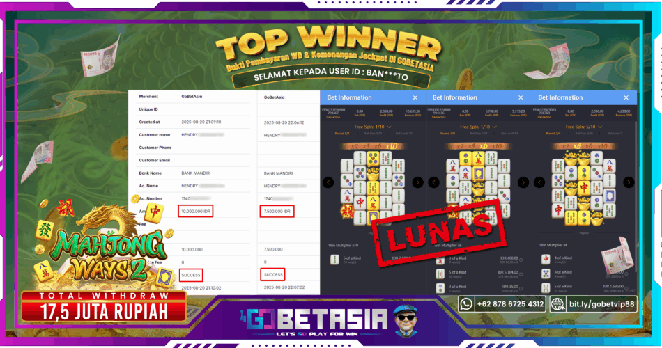 Bukti pembayaran Jackpot di GOBETASIA