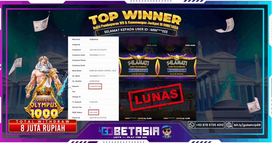 Bukti pembayaran Jackpot di GOBETASIA