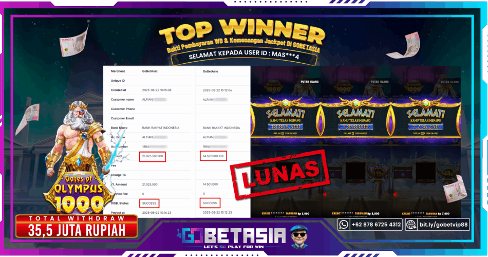 Bukti pembayaran Jackpot di GOBETASIA