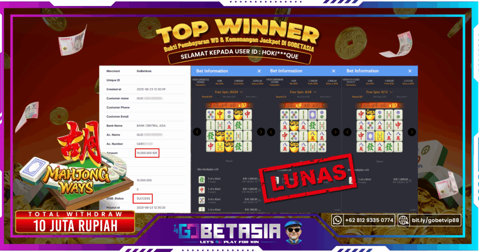 Bukti pembayaran Jackpot di GOBETASIA