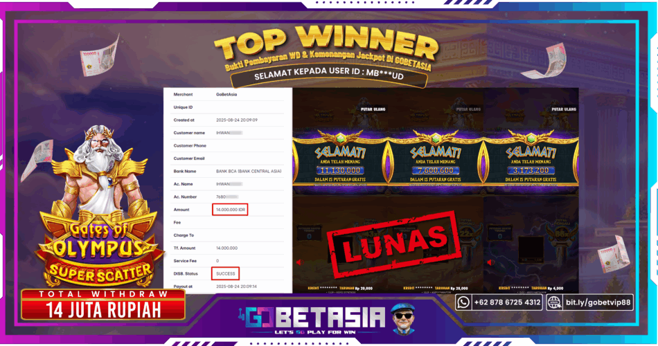 Bukti pembayaran Jackpot di GOBETASIA