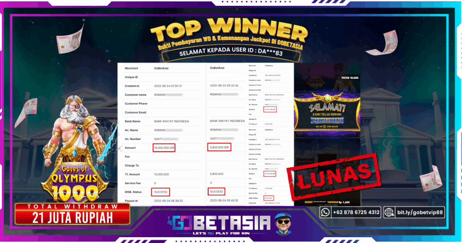 Bukti pembayaran Jackpot di GOBETASIA