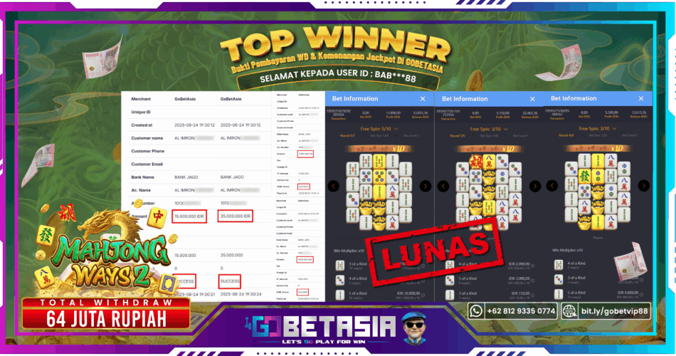 Bukti pembayaran Jackpot di GOBETASIA