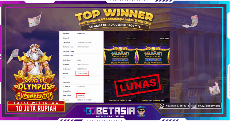 Bukti pembayaran Jackpot di GOBETASIA