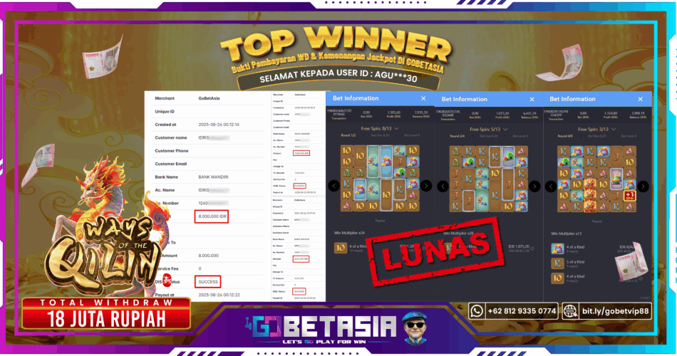 Bukti pembayaran Jackpot di GOBETASIA