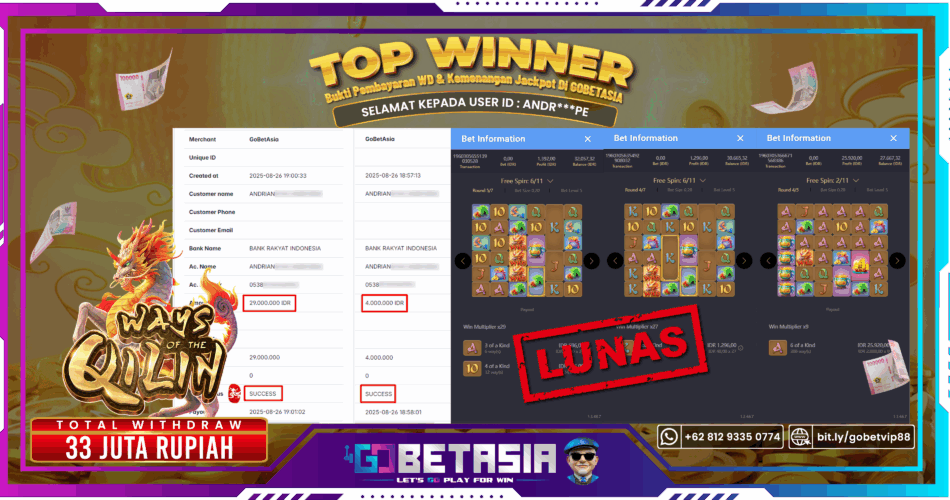 Bukti pembayaran Jackpot di GOBETASIA