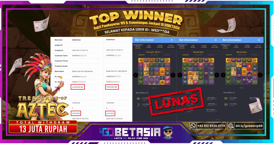 Bukti pembayaran Jackpot di GOBETASIA