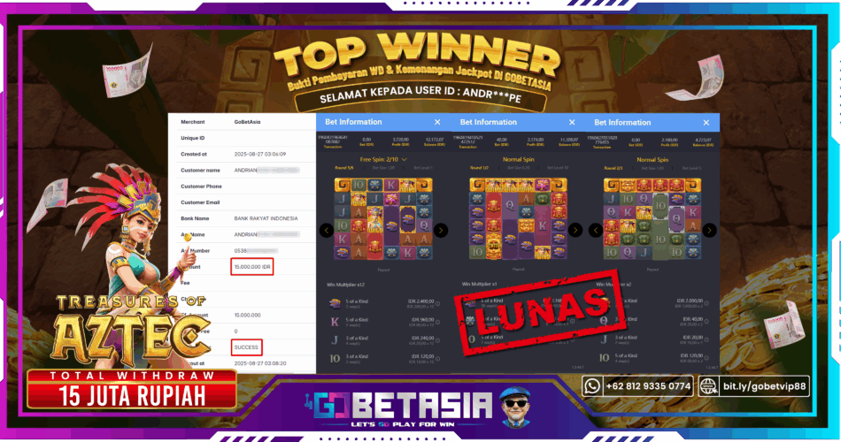 Bukti pembayaran Jackpot di GOBETASIA