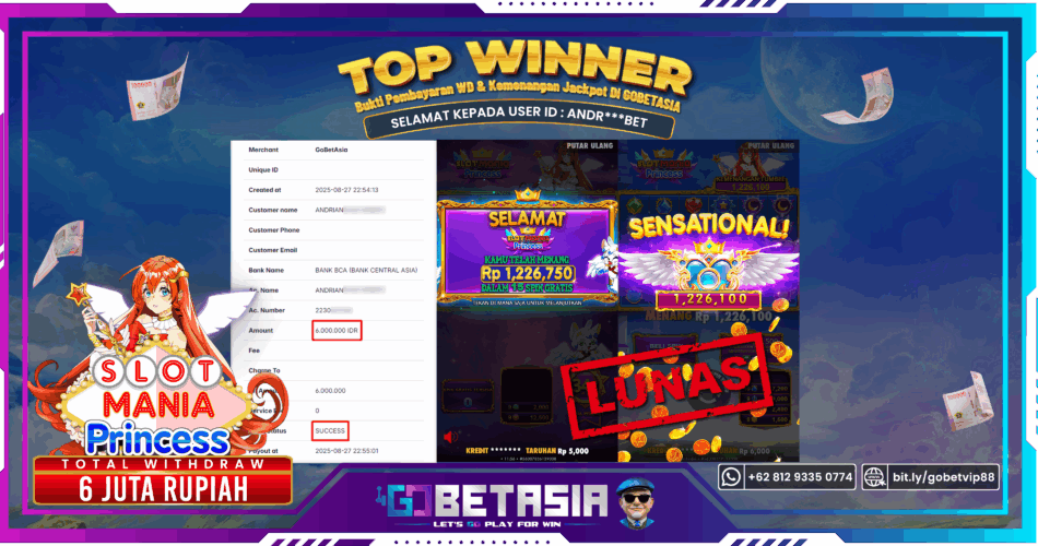 Bukti pembayaran Jackpot di GOBETASIA