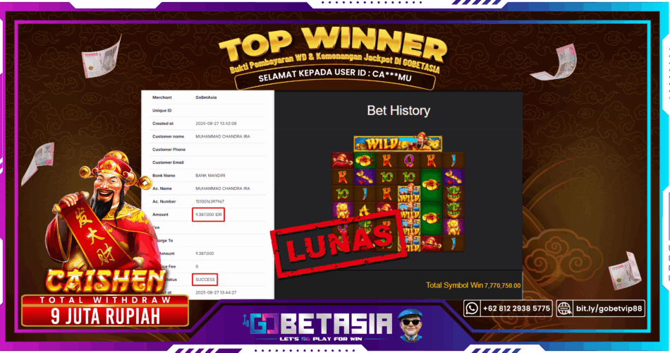 Bukti pembayaran Jackpot di GOBETASIA