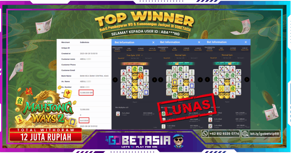 Bukti pembayaran Jackpot di GOBETASIA