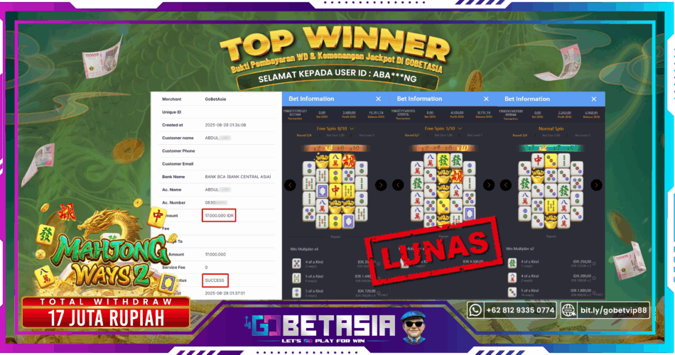 Bukti pembayaran Jackpot di GOBETASIA