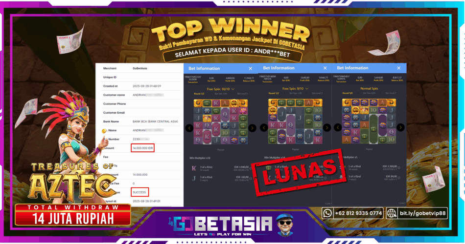 Bukti pembayaran Jackpot di GOBETASIA