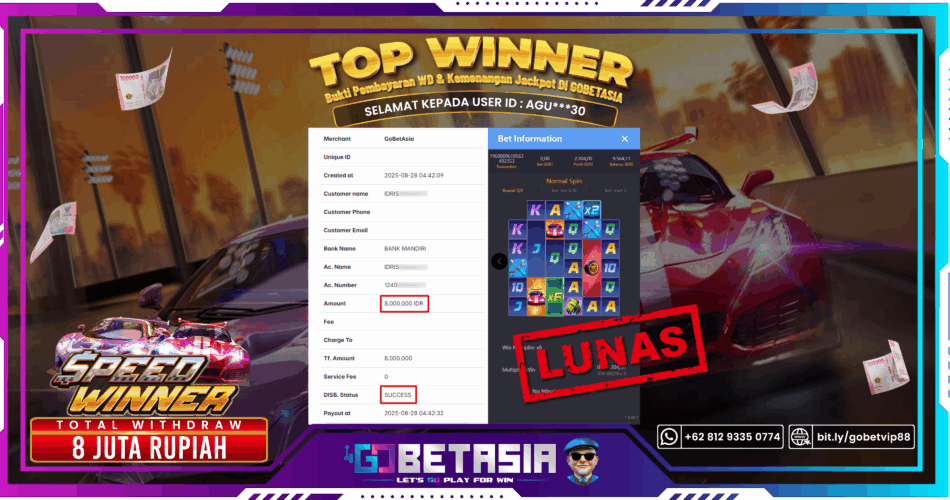 Bukti pembayaran Jackpot di GOBETASIA