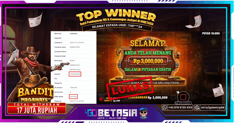 Bukti pembayaran Jackpot di GOBETASIA