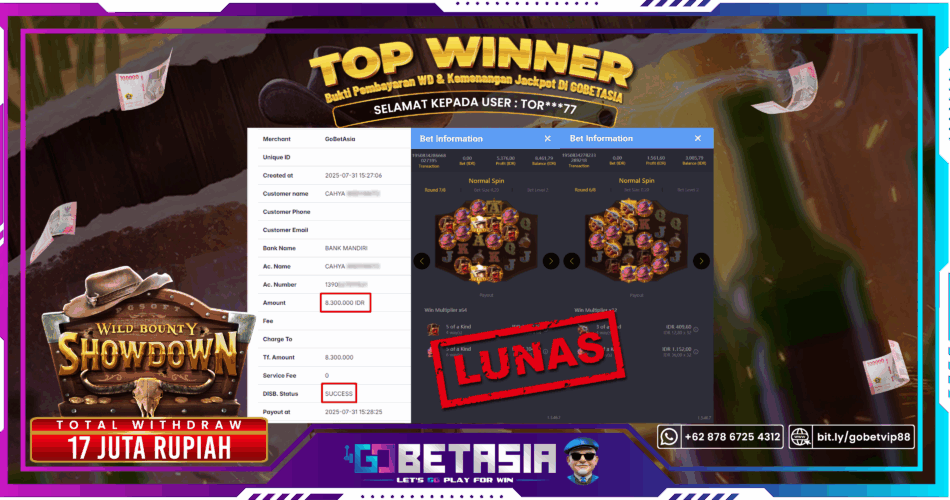 Bukti pembayaran Jackpot di GOBETASIA