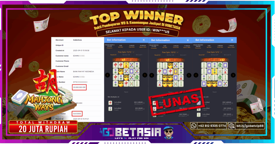 Bukti pembayaran Jackpot di GOBETASIA
