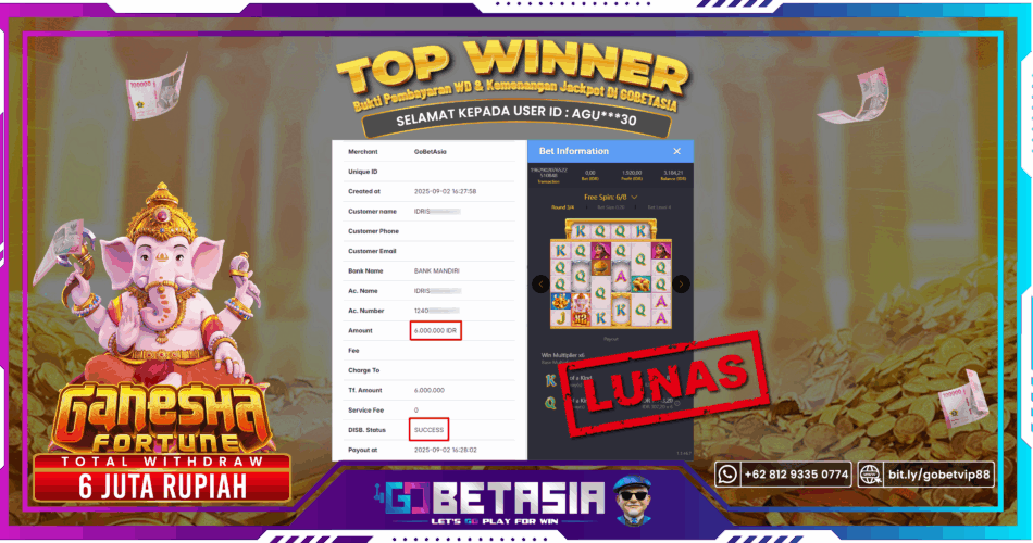 Bukti pembayaran Jackpot di GOBETASIA