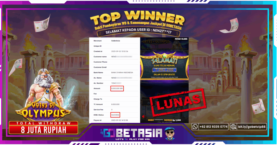 Bukti pembayaran Jackpot di GOBETASIA