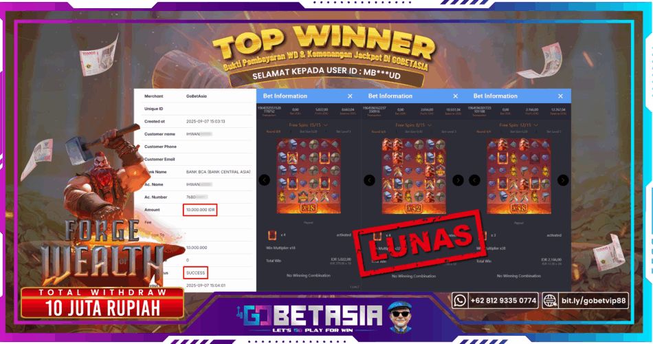 Bukti pembayaran Jackpot di GOBETASIA