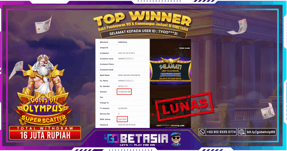 Bukti pembayaran Jackpot di GOBETASIA