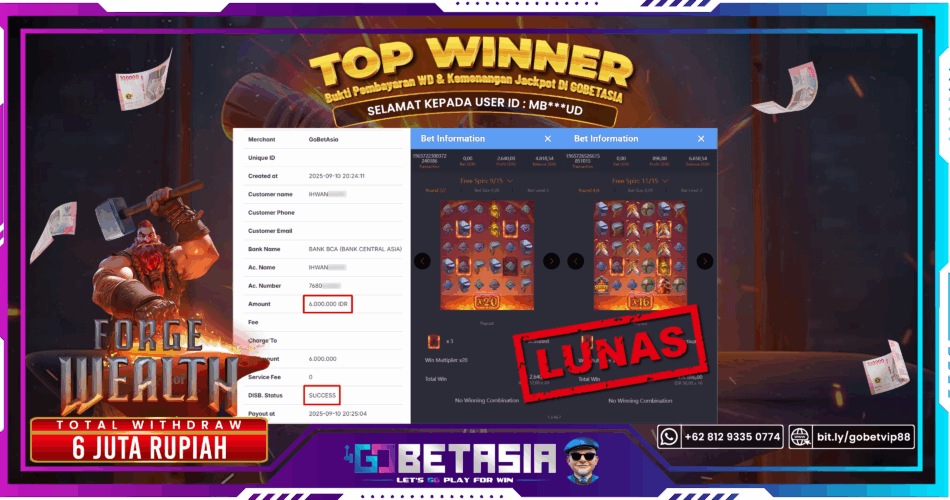 Bukti pembayaran Jackpot di GOBETASIA