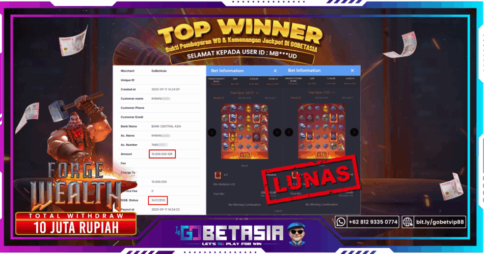 Bukti pembayaran Jackpot di GOBETASIA