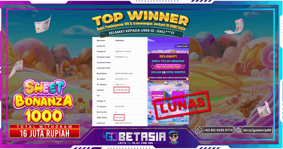 Bukti pembayaran Jackpot di GOBETASIA