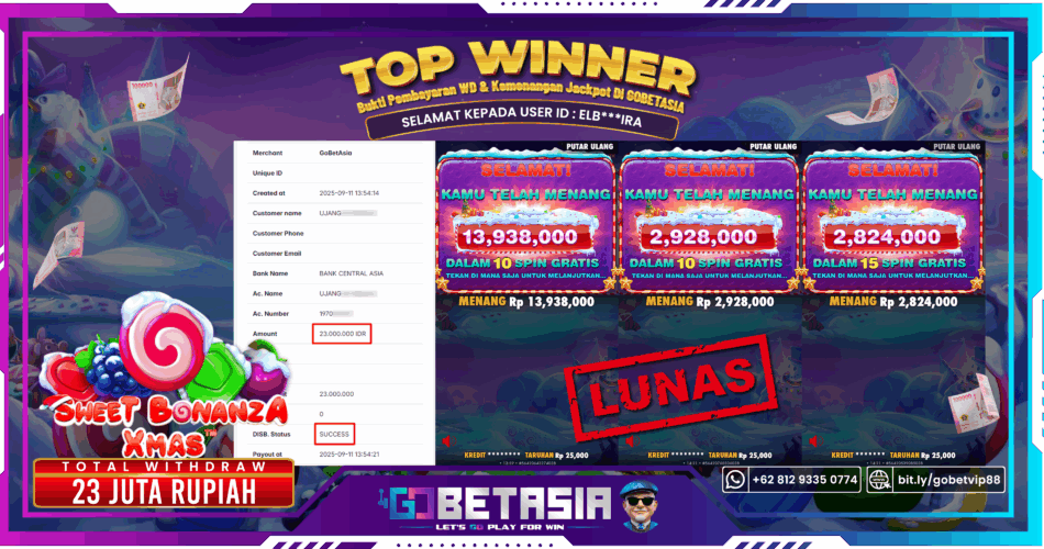 Bukti pembayaran Jackpot di GOBETASIA