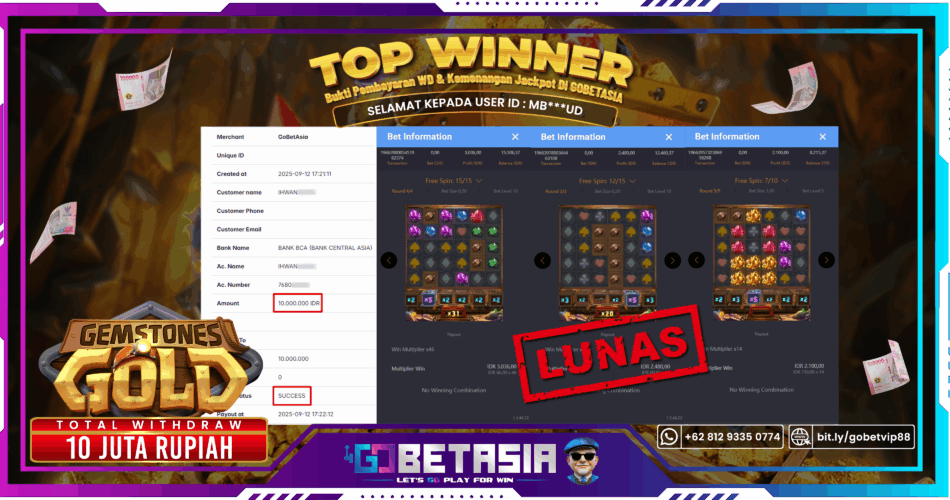 Bukti pembayaran Jackpot di GOBETASIA