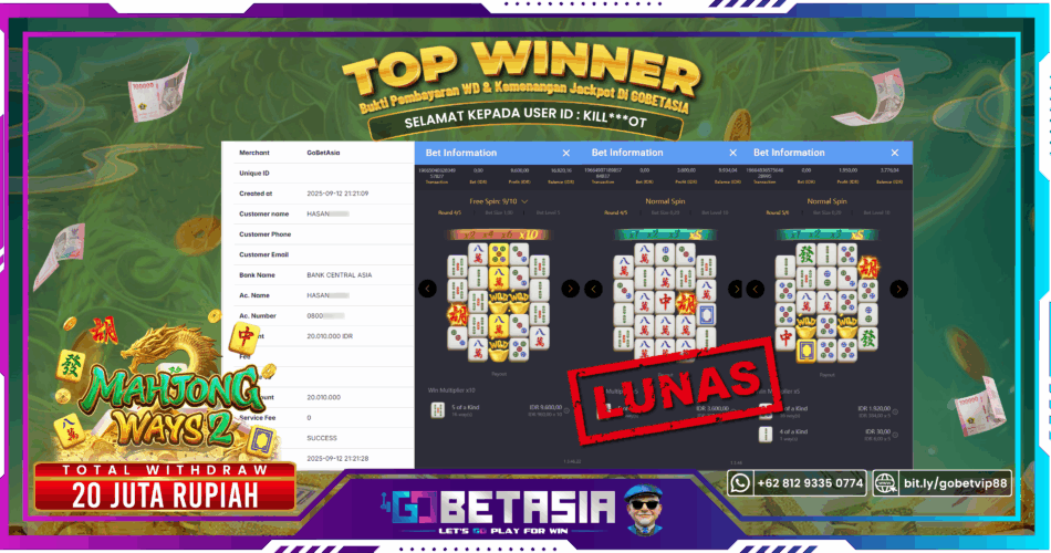 Bukti pembayaran Jackpot di GOBETASIA