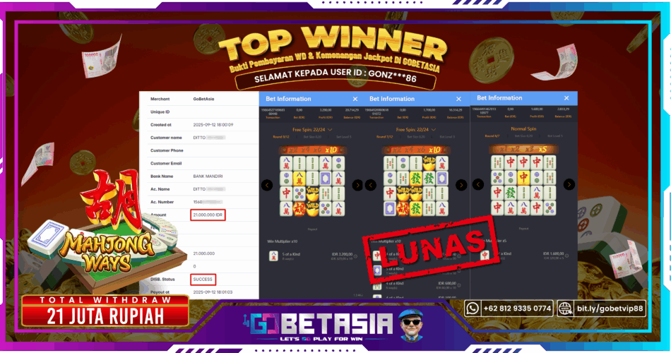 Bukti pembayaran Jackpot di GOBETASIA