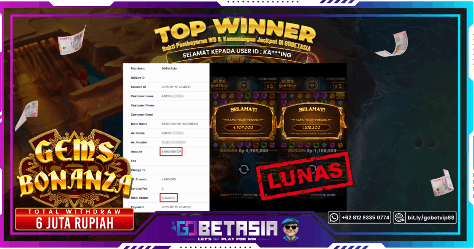 Bukti pembayaran Jackpot di GOBETASIA