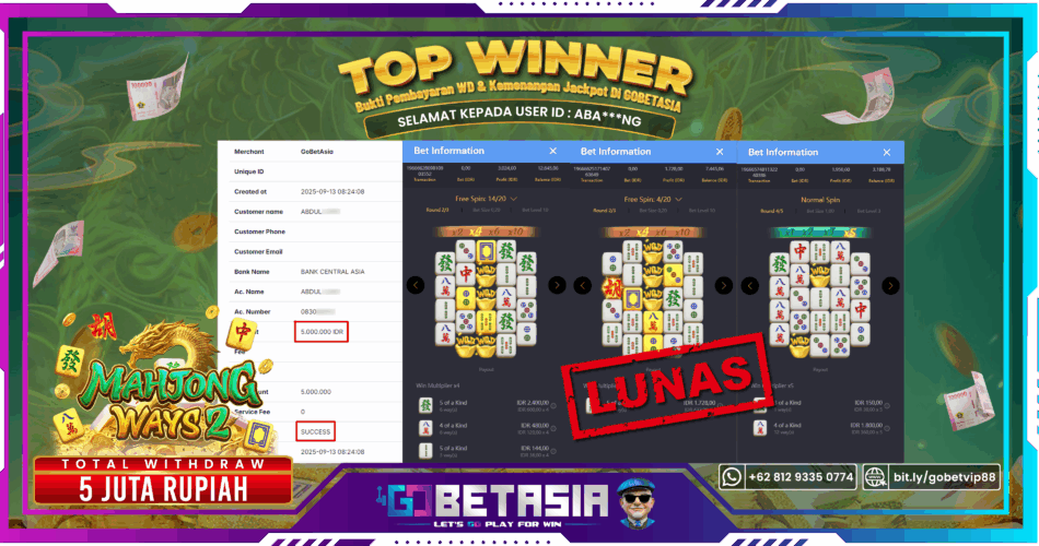Bukti pembayaran Jackpot di GOBETASIA