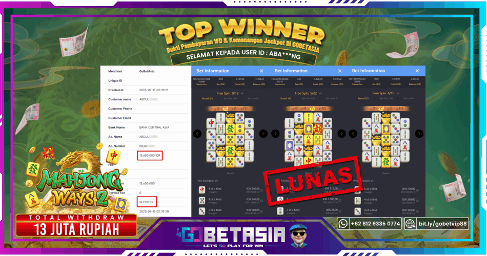 Bukti pembayaran Jackpot di GOBETASIA