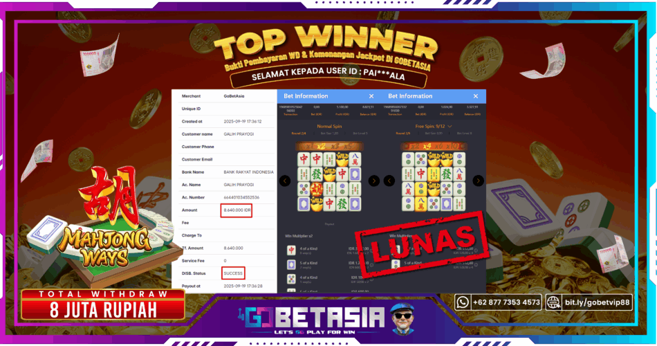 Bukti pembayaran Jackpot di GOBETASIA