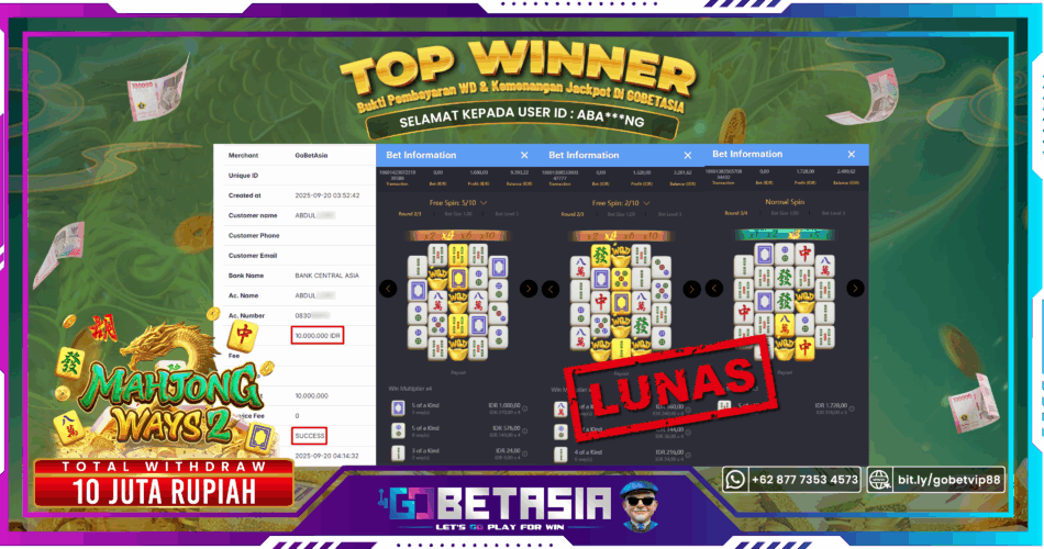 Bukti pembayaran Jackpot di GOBETASIA