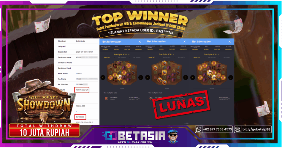 Bukti pembayaran Jackpot di GOBETASIA