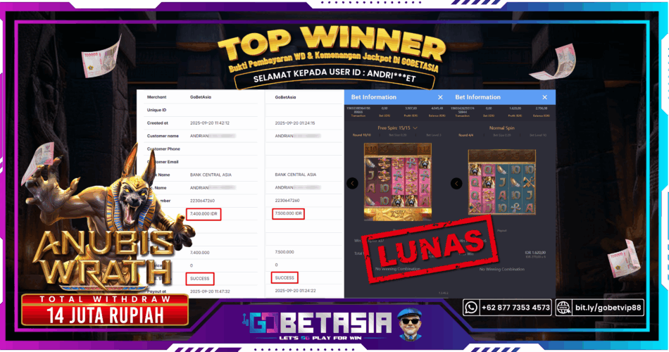 Bukti pembayaran Jackpot di GOBETASIA