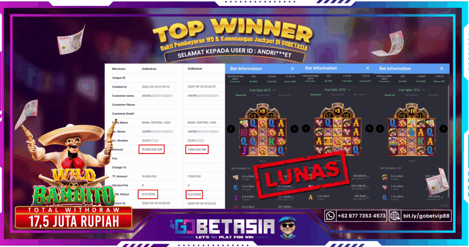 Bukti pembayaran Jackpot di GOBETASIA